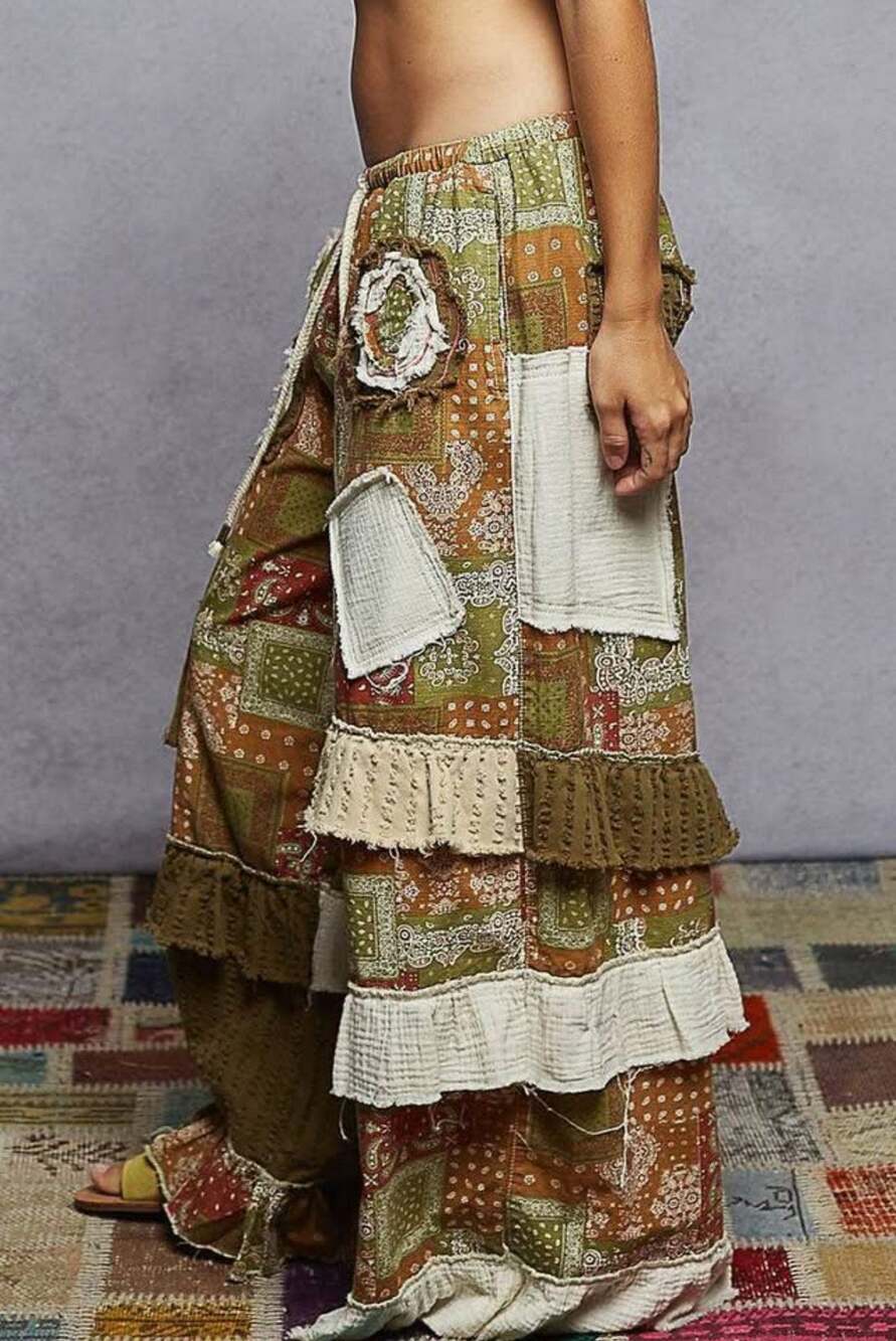 POL Ruffle Patchwork Wide-Leg Pants M Bohemian Festival Lagenlook Slouchy Boho